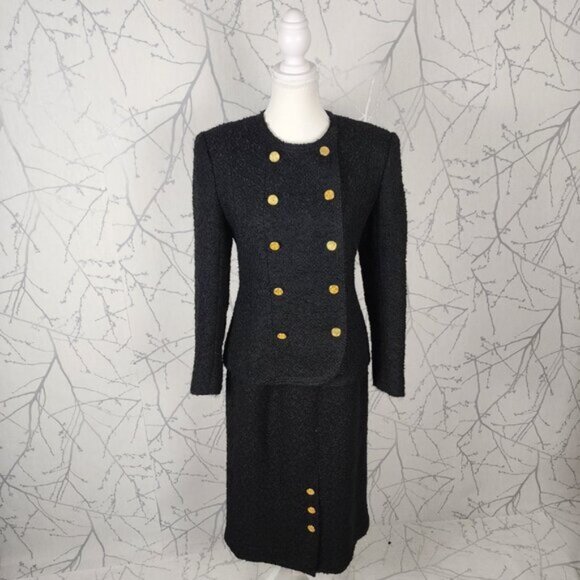Paula Klein France VTG Black Wool Tweed Blazer Skirt Suit Set - Picture 1 of 14